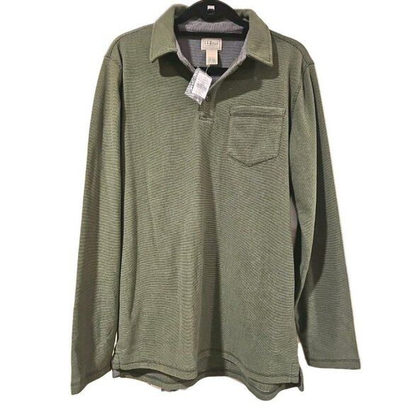 NWT LL Bean Men's Med-Tall Henley Fleece Pullover Basil Green Comfy Soft Preppy - Picture 1 of 7
